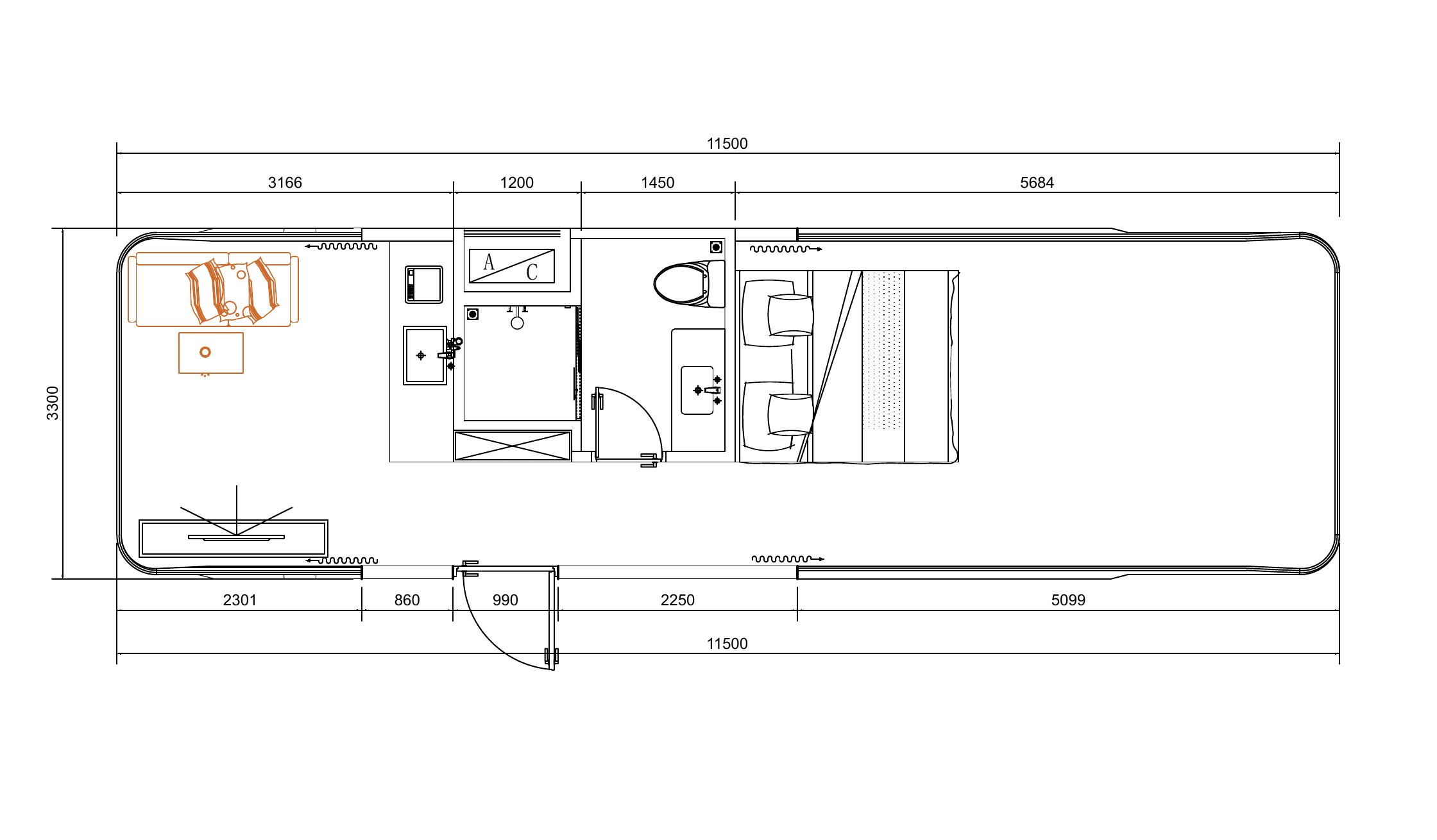 Floor plan drawing of the 11.5 m Space Capsule showing lounge, kitchenette, bathroom and bedroom with dimensions in millimetres