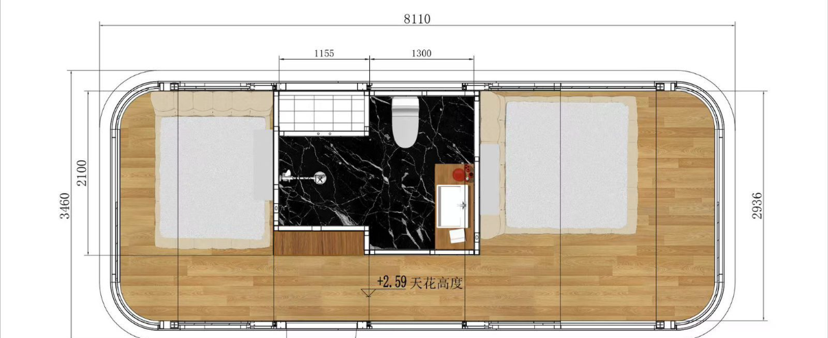 Floor plan drawing of the 8.11 m Space Capsule showing twin bedrooms and central bathroom with dimensions in millimetres