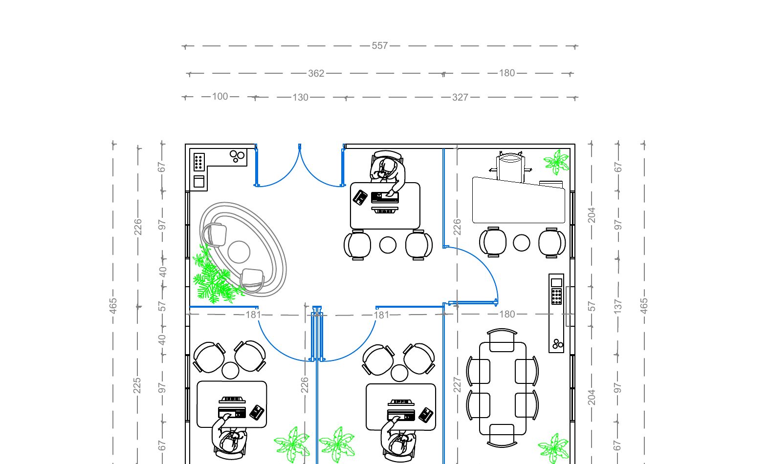 Floor plan drawing of Foldable Caravan 2 showing workstations, meeting room, lounge and conference room with dimensions in centimetres
