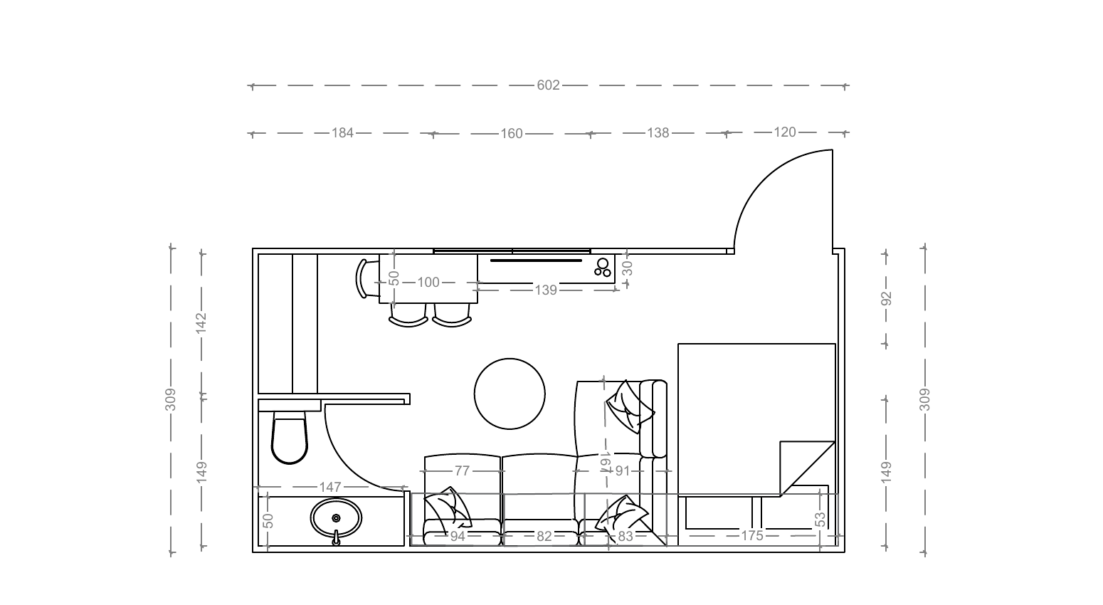 Floor plan drawing of the Tegola Caravan showing kitchenette, bathroom, lounge and bedroom with dimensions in centimetres
