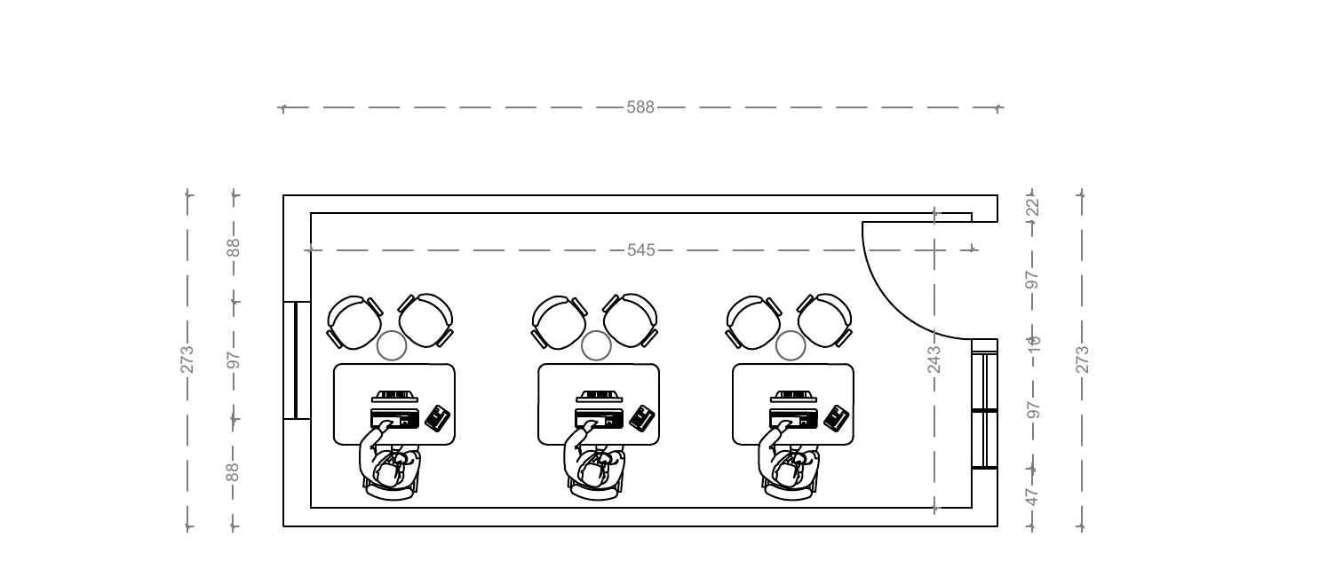 Floor plan drawing of Foldable Caravan 1 showing three workstations with dimensions in centimetres