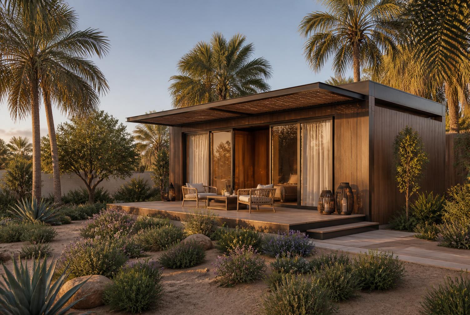 Illustrative private-land holiday-home setting with a compact modular dwelling.