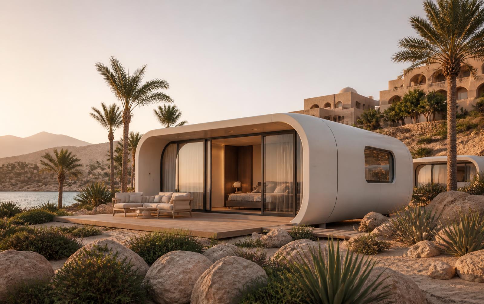 Illustrative resort setting with modular capsule-style accommodation.